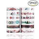 Konsait Christmas Washi Tape Set 0.59Inch x 393.7FT(12 Roles), Merry Christmas Masking Tape Collections Art Craft Pack Gift Present Wrap for Xmas Decorations Christmas Themed Party Favors Supplies