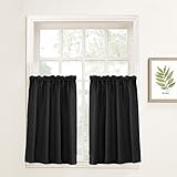 Waffle Woven Textured Short Curtains for Kitchen Water Repellent Window Covering for Bathroom (72" x 45", Black, Set of Two)