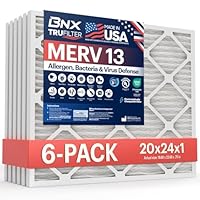 BNX TruFilter 20x24x1 Air Filter MERV 13 (6-Pack) - MADE IN USA - Electrostatic Pleated Air Conditioner HVAC AC Furnace Filters for Allergies, Pollen, Mold, Bacteria, Smoke, Allergen, MPR 1900 FPR 10