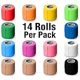 Self Adhesive Non Woven Bandage Wrap – Breathable Coban Self Adherent Vet Wraps for Pets - Athletic Elastic Cohesive Bandage for Sports Injury: Ankle, Knee &amp; Wrist sprains (14-Pack, Multi-Color)