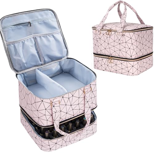Uross Nagellack Organizer für 42 Nagellackflaschen und 1 LED-Nagellampe, Nagellack Aufbewahrung Tasche für Nageldesign Zubehör(Rosa)