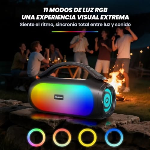 AUDISHAKO Bocina Bluetooth ADS-800, Bocina Portátil Impermeable IPX5 con RGB Boombox, Mango Iluminado, 800W, 3 Modos EQ, Recargable, USB/AUX/TF para Viaje, Fiesta y Hogar
