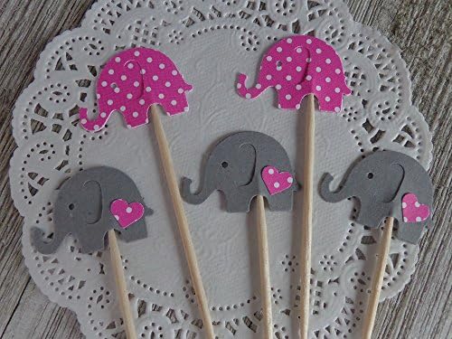 Raspberry Pink with White Polka Dot Elephants &amp; Grey Elephants with matching hearts Cupcake Toppers - Food Picks - Baby Girl Shower Picks - (Set of 24)