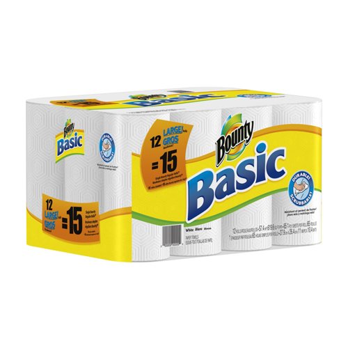 Bounty Basic Paper Towels 12 Large Rolls equal 15 Regular Rolls