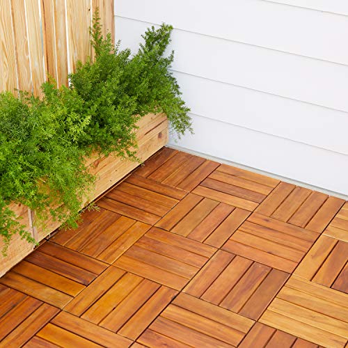 VIFAH V488 Interlocking Acacia Plantation Hardwood Deck Tile 4-Slat Style, 10-Pack, Teak Finish, 12 by 12 by 1-Inch