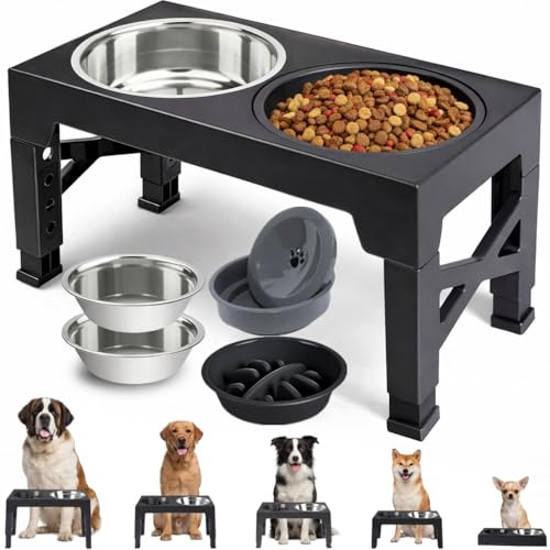 Beauenty Elevated Dog Bowl,5 Height Adjustable Elevated Slow Feeding Dog Bowl,With Anti Slip Feet,With 2 Stainless Steel Bowls And 1 Slow Feeding Dogs Bowl,For Small/Medium/Large Dogs Cats(Black)