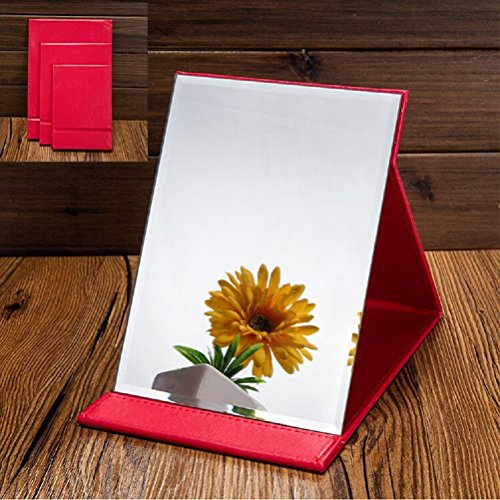 JOLY Protable PU Leather Mirror Folding Desktop Makeup Mirror with Adjustable Stand for Personal Use,Travelling (M, Red)