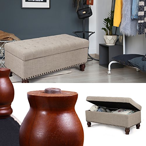 Asense Fabric Rectangle Tufted Lift Top Storage Ottoman Bench, Footstool with Solid Wood Legs, Nailhead Trim (Beige)