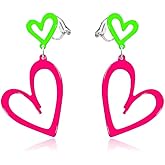 80s Neon Clip on Earrings for Women Double Hollow Heart Punk Retro Earrings 80s Outfit Accessories