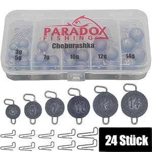 Paradox Fishing Cheburashka Lot De 24 Plombs De Plomb (3 G/5 G/7 G/10 G/12 G/14) Avec Boîte (55 Pièces) Pour Hameçons Offset – Dropshot Plomb Drop Shot – Têtes Plombées – Angel Plomb