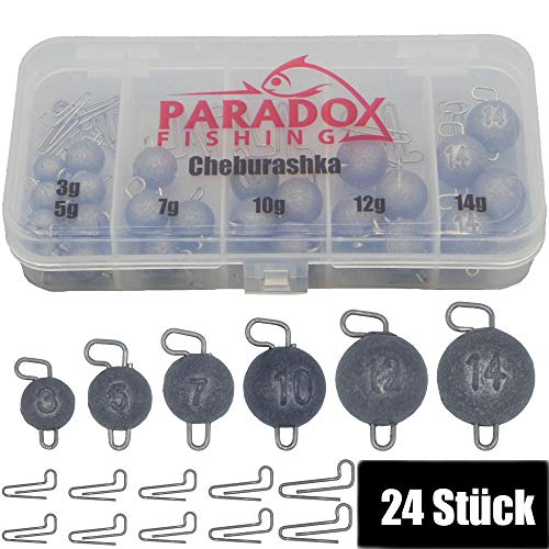 Paradox Fishing Cheburashka Lot de 24 plombs de plomb (3 g/5 g/7 g/10 g/12 g/14) avec boîte (55 pièces) pour hameçons…