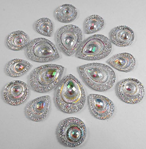 30 Pcs Silver Sparkly Iridescent Flat Back Teardrop, Circle Beads Cabochons