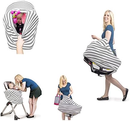 Baby Car Seat Cover 4-In-1 breastfeed Covers,baby car seat cover, Protects Baby In Car Seat/High Chair/Grocery Cart, Super Light Stretchy Comforting, Perfect For New Mum (Gray/White Stripe)