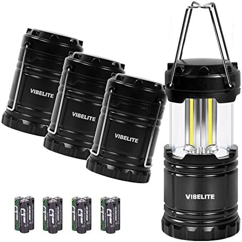 VIBELITE Led Lantern, 4 Pack Portable LED Camping Lantern with 12 AA Batteries - Survival Kit for Emergency, Hurricane, Power Outage (Black, Collapsible)