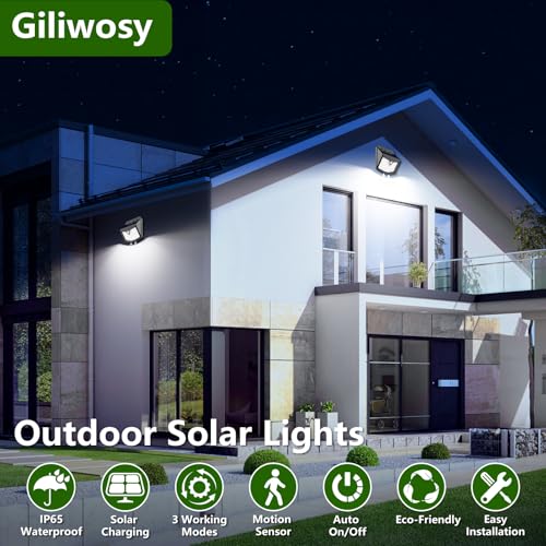 Giliwosy Outdoor Solar LED Light, 3 Modes IP65 Waterproof Outdoor LED Spotlight with Motion Sensor, Outdoor Solar Lamp for Garden, Wall, Garage (2 Pieces Cool White)