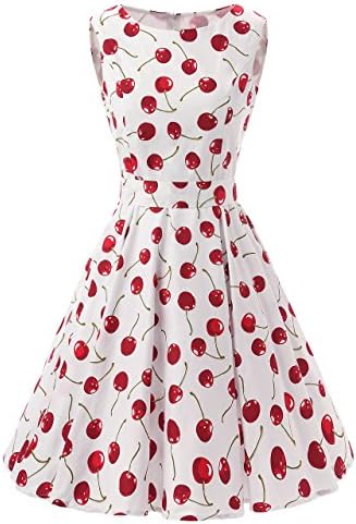 Vintage 50s 60s Sleeveless Retro Style Rockabilly Swing Dress Floral Print (Medium, White with Cherry)