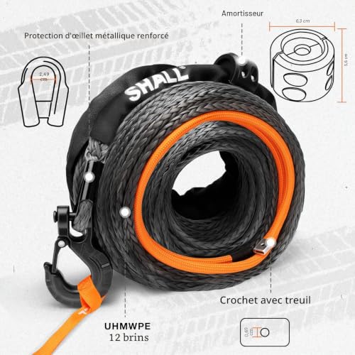 SHALL Tow Straps & Ropes, Synthetic Winch Rope 12mm x 28m, 16 Ton (16500 LB), Protective Sleeve, Forged Winch Hook and Safety Strap.