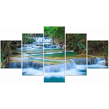 Wieco Art Peaceful Waterfall 5 Panels Large Canvas Paintings Wall Art Modern Gallery Wrapped Landscape Forest Giclee Canvas Print Artwork Photo Pictures for Living Room Bedroom Home Decorations L