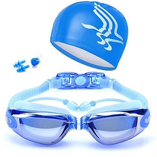 Mai Poetry Swimming Goggles + Swim Cap + Nose Clip + Ear Plugs,Swim Goggles Anti Fog UV Protection for Adult Men Women Youth Kids Child (Blue) - Thumbnail 4