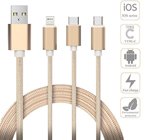 Hathow 3 in 1 USB Cable, 4 FT Durable High Speed Micro USB Charger Cable Premium Nylon Braided Multi Charger Cable with Type C/ Micro USB/ 8 Pin Lightning Charging for Universal Use - Gold