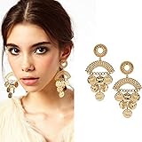 JQUEEN Pair Big Gold Plated Round Design Tassel Ear Studs Earrings