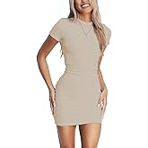 Dressmine Women's Summer Bodycon Midi Dresses 2026 Trendy Casual Ribbed Short Sleeve Dress Sexy Formal Party Mini Dress