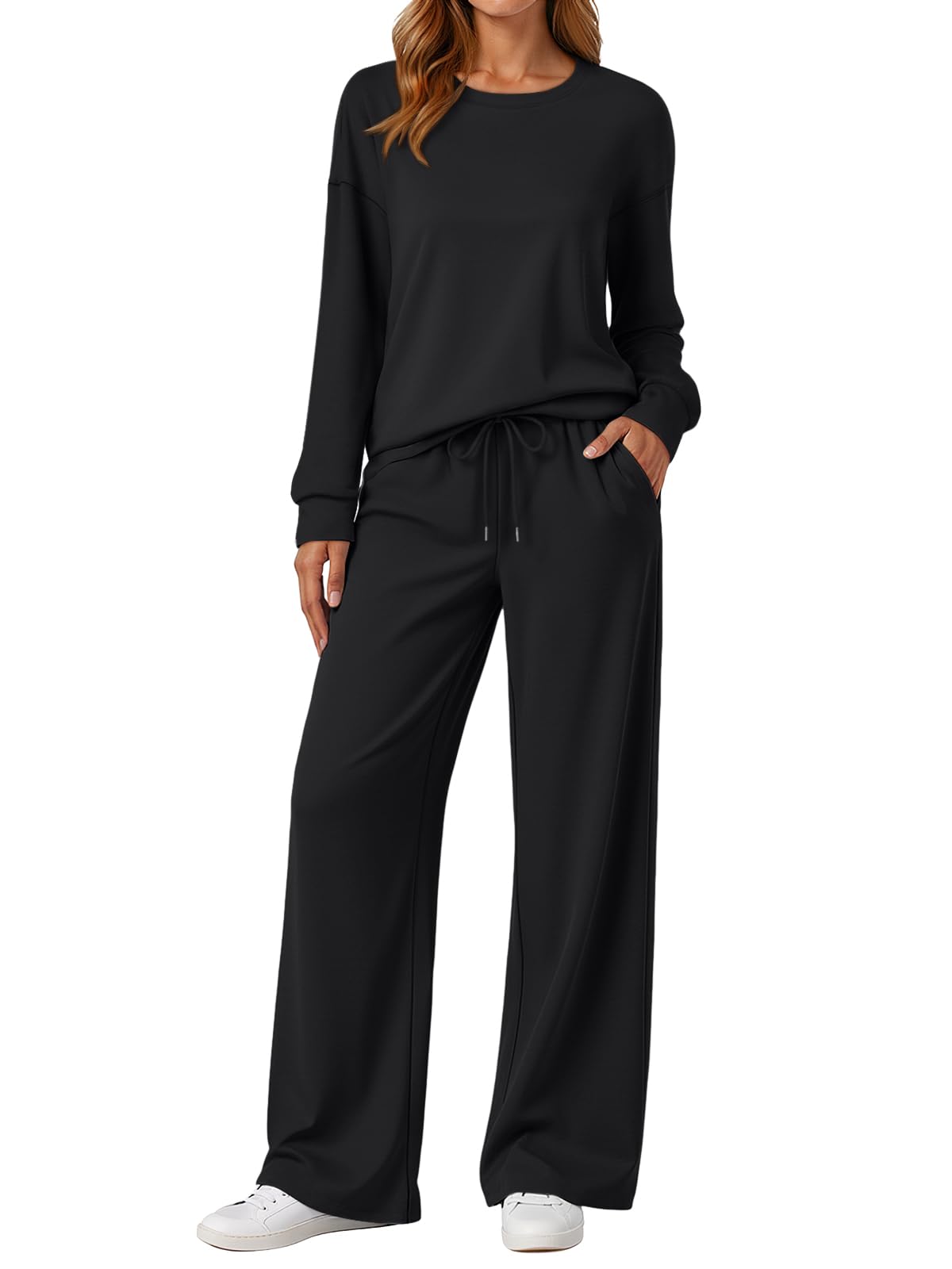 Photo 1 of LILLUSORY Women's Sweatsuits 2 Piece Outfits Lounge Sweat Sets Matching Travel Tracksuits Wide Leg Sweatpants Fall Clothes Black L