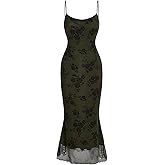 Verdusa Women's Floral Mesh Bodycon Long Cami Dress Slimming Dress Semi Formal Dresses Holiday Party Outfits