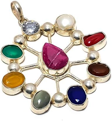 Awesome! Handmade Jewellery! Red Coral with Nav-Ratna Silver Plated 16 Grams Pendant 2"
