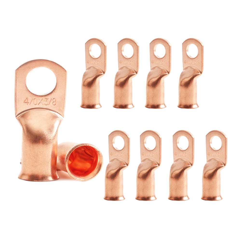 Photo 1 of 10pcs 4/0 AWG 3/8" Stud Copper Ring Terminals Battery Cable Ends Wire Lugs 4/0 Gauge Battery Cable Lugs Heavy Duty Cable Lugs Bare Copper Eyelets Tubular Ring Terminal Connectors