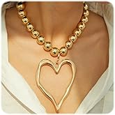 Chunky Heart Necklace for Women,Y2k Large Pearl Beads Heart Choker Chunky Gold Necklaces Exaggerated Big Hollow Love Pendant Necklace Dainty Statement Jewelry Gift