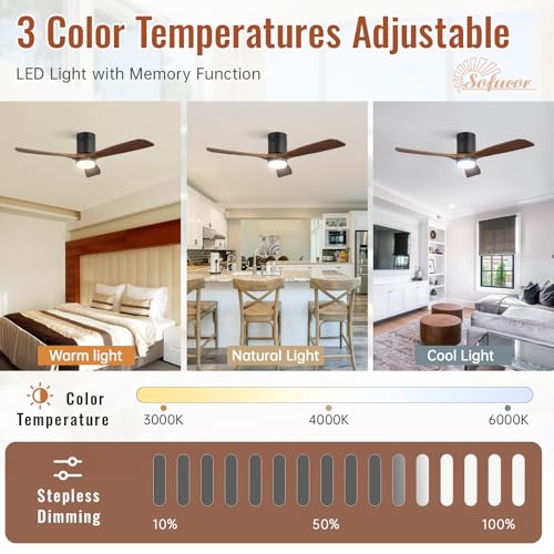 Sofucor Wood Ceiling Fan with Light 132 cm, 6 Speeds, Control, Timer, DC Motor, LED Silent Ceiling Fan with Lamp for Bedroom Living Room