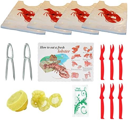 Lobster Seafood Dinner Party Supplies Kit (Lobster Bibs, Lobster Placemat, Wet Nap, Sheller, Seafood Cracker, Lemon Wedge Wrap)