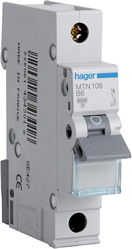 Hager MTN106 1 Pole 1 Module Miniature Circuit Breaker Type B 6 A 6 kA