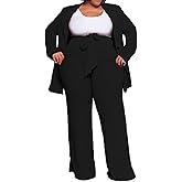 IyMoo Plus Size Suits for Women Business Open Front Long Sleeve Blazer Elastic Waist Solid Straight Leg Pant Set Suits