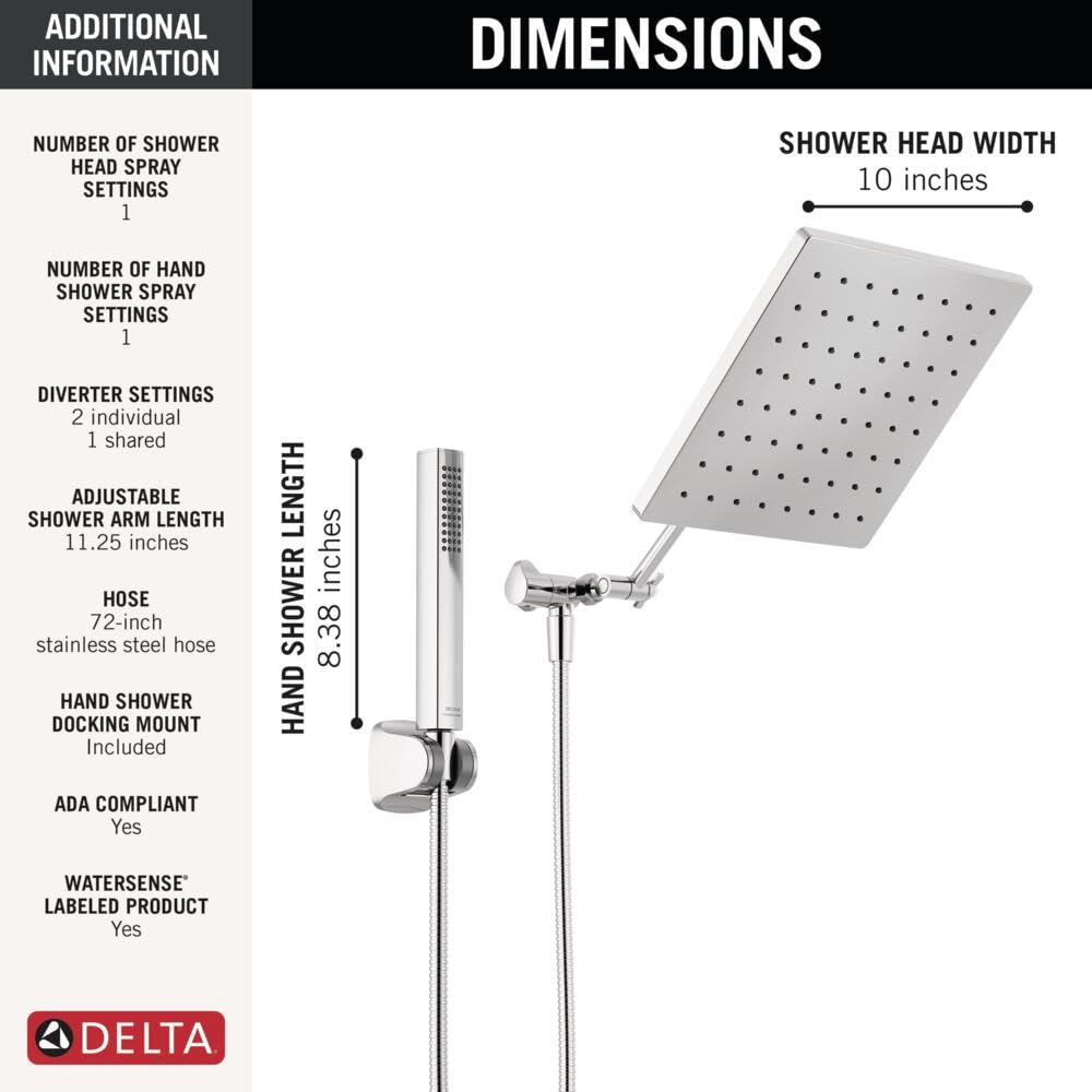 Delta Faucet 10-inch Raincan Shower Head and Hand Held Shower Combo, Chrome Square Shower Head, Rainfall Shower Head, Hand Shower, High Pressure Shower Head, 1.75 GPM Flow Rate, Chrome 75527