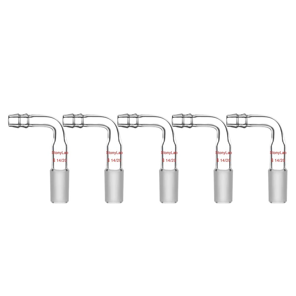 StonyLab Glass Bent Inlet Adapter With 14/20 Male Glass Joint and 10 mm Hose Connection Lab Glassware, 5 Packs