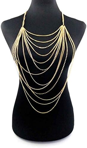 Pegcdu Women's Attractive Multilayer Tassels Curve Body Golden Chain Rhinestone Necklace