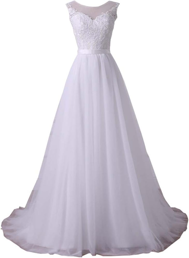 YIPEISHA Women's Wedding Dresses O-Neck Lace Tulle Long Wedding Dress for Bridal