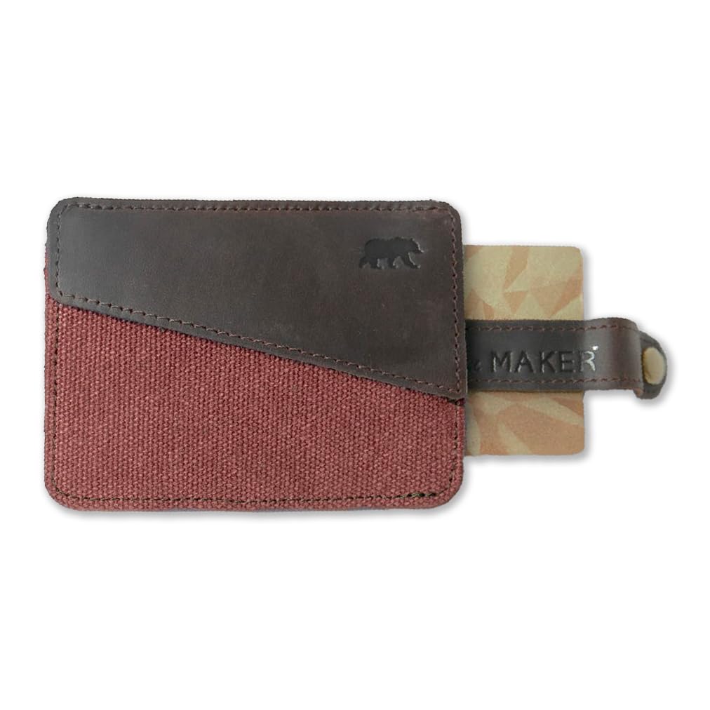 Slim Wallet Mens Handy®- Pull Out System - Leather and Canvas Coton - Card Holder and Coins Pocket (Burgundy)