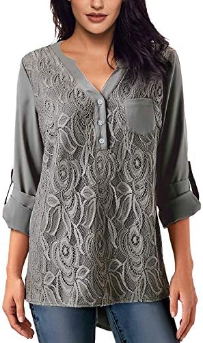 Jevole Womens Casual Long Sleeve Solid Cuffed Button Floral Lace Chiffon Blouses Top