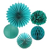 SUNBEAUTY Tissue Paper Pom Poms Paper Fans Honeycomb Balls Kit Wedding Birthday Baby Shower Valentine Decoration 5 Pieces (Teal Blue)