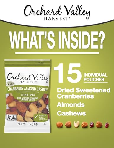ORCHARD VALLEY HARVEST CRANBERRY ALMOND CASHEW TRAIL MIX, 1 OUNCE BAGS (PACK OF 15), CRANBERRIES, ALMONDS, AND CASHEWS, TRAIL MIX INDIVIDUAL PACKS, NON-GMO, NO ARTIFICIAL INGREDIENTS