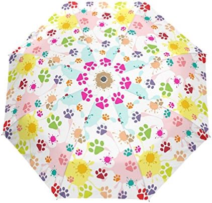 Aideess Colored Puppy Paw Prints Windproof &amp; Waterproof Compact Travel Umbrella - Auto Open Close Folding Umbrella Sturdy Lightweight Easy Carrying Parasol for Men Women and Kids