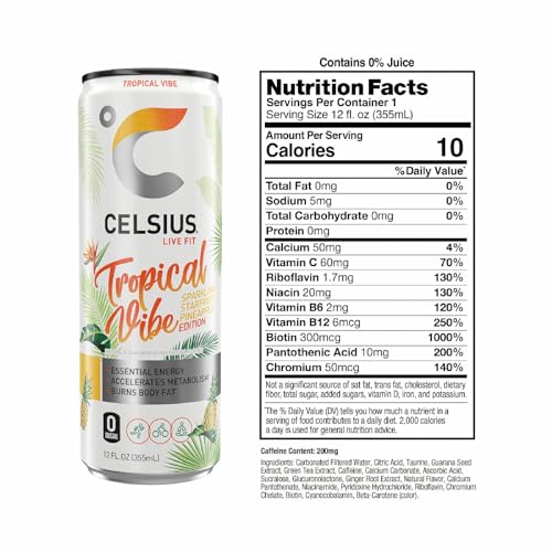 CELSIUS SPARKLING TROPICAL VIBE, FUNCTIONAL ESSENTIAL ENERGY DRINK, 12 FL OZ