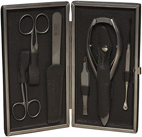 Dovo 8046118 6-Tool Stainless Steel Professional Manicure Set with Dark Grey Buffalo Leather Case, Made in Germany