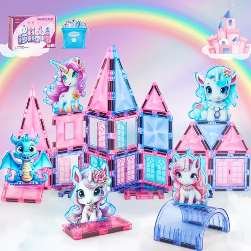 Unicorn Magnetic Tiles, Unicorn Toys for Girls Age 4-6, Magnetic Building Blocks for Kids, Diamond Magnetic Tiles 3D Educational Toy, STEM Construction for Toddlers, Birthday Gifts for Boys and Girls