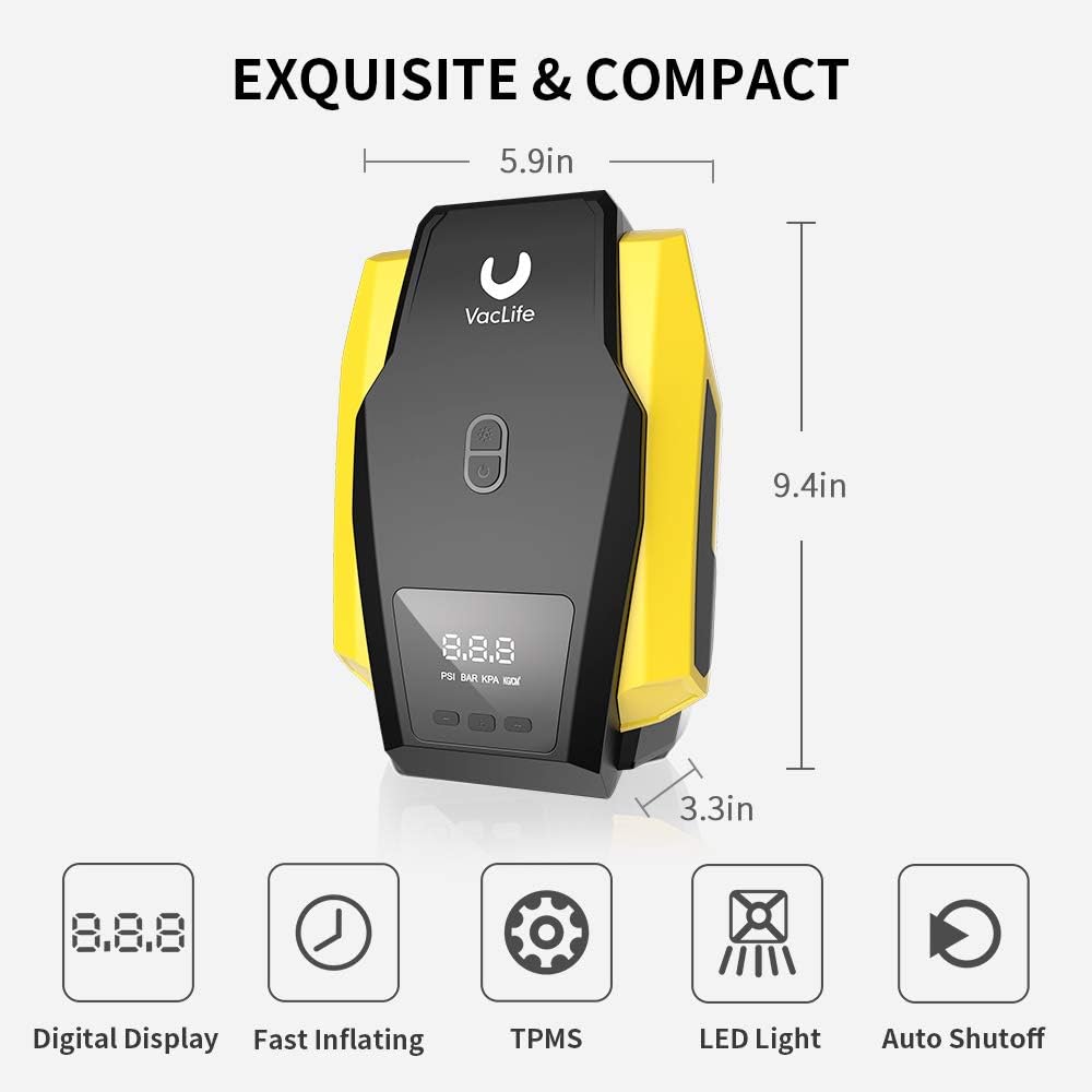 VacLife Air Compressor Tire Inflator, DC 12V Portable Air Compressor for Car Tires, Auto Tire Pump with LED Light, Digital Air Pump for Car Tires, Bicycles and Other Inflatables: Automotive