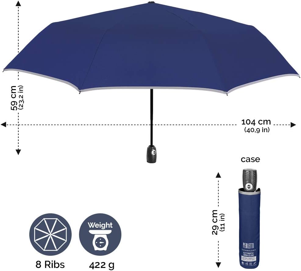 PERLETTI Reflective Folding Umbrella Blue Man Woman Windproof Resistant Brolly Ultra Leightweight Grey Border - Image 4