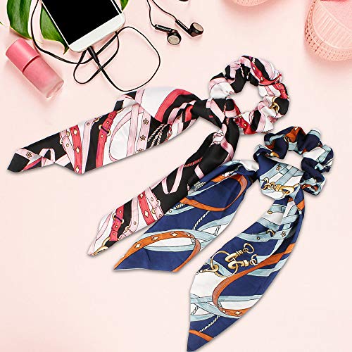 Cubaco Hair Scrunchies Bowknot-Silk Satin Vintage Elastics Scarf Hair Ties with Flower Pattern, Hair Bands Scrunchy Hair Rope Ties Hair Bow Ponytail Holder Accessories for Women Girls
